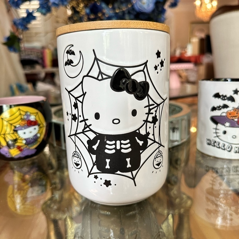Hello Kitty Skeleton Spider Web Halloween Cellar Style Canister with Wooden Lid